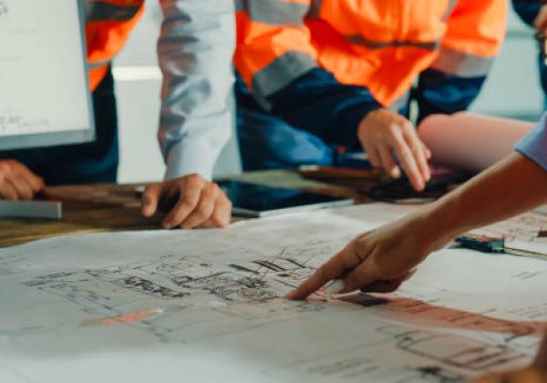 Closeup of team of industrial engineers meeting analyze machinery blueprints consult project on table in manufacturing factory. Working in manufacturing plant or production plant concept.
